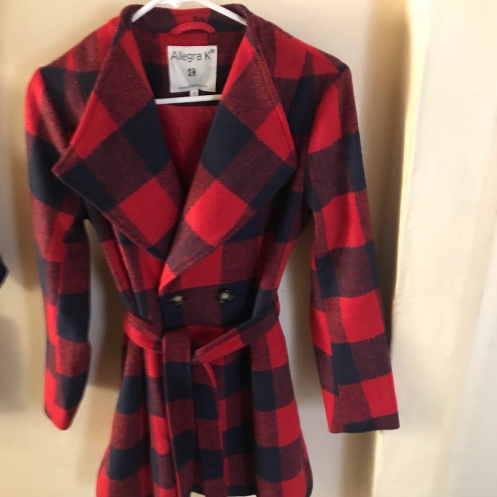 Navy and red checked wool coat